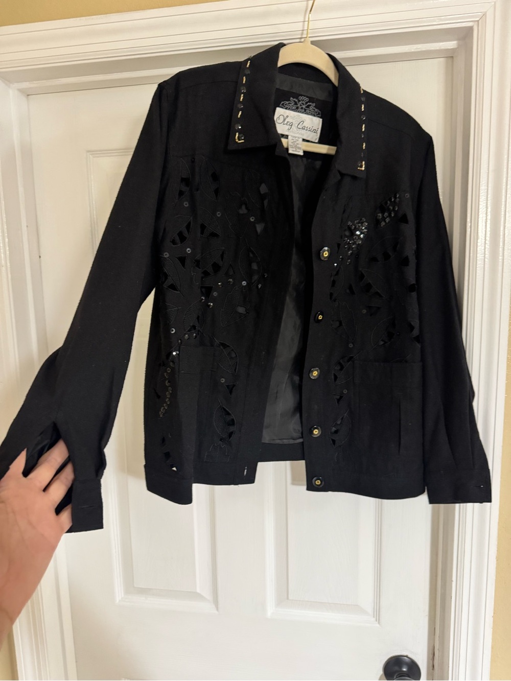 Oleg Cassini Black Silk Embroidered Cutout Sequin Jacket Size S